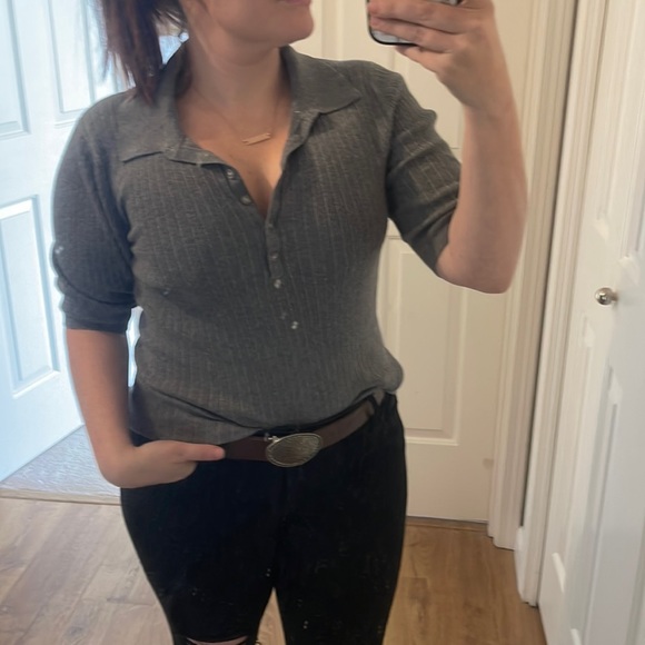 Soft 3/4 Sleeve Grey Collared Shirt - Picture 2 of 4